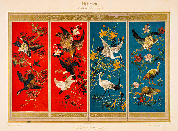 1895 Antique decorative illustration of birds in Japanese style panels