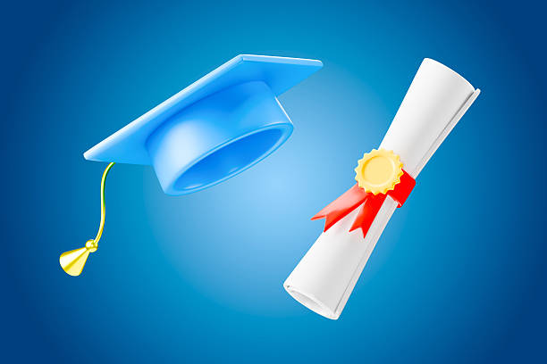 3d icon of a blue graduation hat and a tied diploma with red ribbon.