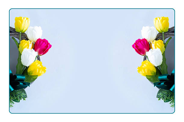 Colorful spring tulip wreath composite frame with gray background.