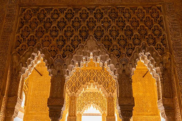 Toledo, Spain - March 17, 23: Flat view of decorated ceiling of cloister's corridor of Monastery of Saint John of the Kings in mudejar style, in Toledo, Spain