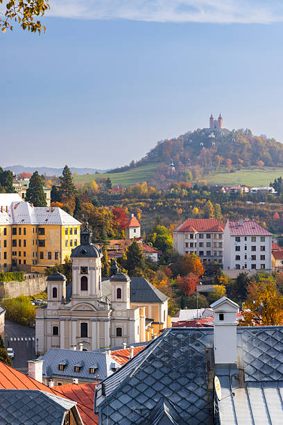 Banska Stiavnica cityscape with calvary and Saint Catherine's Church