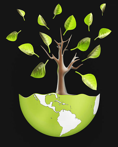 3d render. A stylized green Earth globe with continents hosts a tree with a brown trunk and vibrant leaves against a black background, symbolizing environmental growth and renewal.