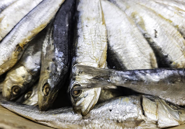 Detail of dried sardines in a fish shop, healthy food