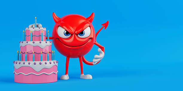 Red Evil Cartoon Character Concept. Smiling Devil Emoji Standing Next To A Pink Birthday Cake With Candles On Blue Background. 3d Rendering