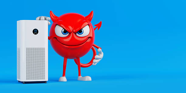 Air Purification Danger And Pollution Control Concept. Evil Red Devil Cartoon Character Standing Next To Modern Air Purifier Device On Blue Background. 3d Rendering