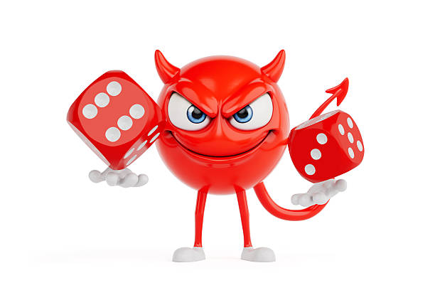 Risk And Luck Concept. Red Devil Cartoon Character Holding Two Red Dice On White Background. 3d Rendering