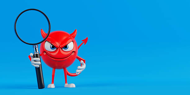 Search And Analysis Concept. Red Devil Cartoon Character Holding Magnifying Glass On Blue Background. 3d Rendering