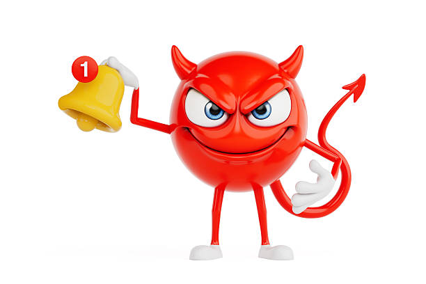 Notification And Alert Concept. Red Devil Cartoon Character Holding Yellow Bell With One New Notification On White Background. 3d Rendering