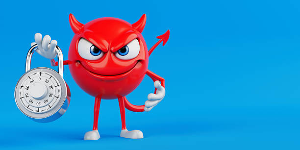 Security And Temptation Concept. Red Devil Cartoon Character Holding Combination Lock Symbolizing Risk Control And Forbidden Access On Blue Background. 3d Rendering