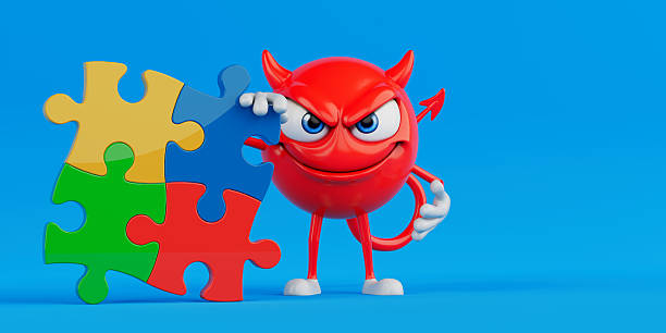 Problem Solving And Strategic Thinking Concept. Red Evil Cartoon Character Holding Colorful Puzzle Pieces On Blue Background. 3D Rendering