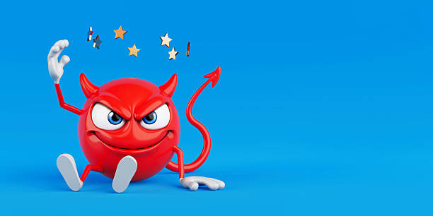 Failure And Confusion Concept. Dizzy Red Devil Cartoon Character Sitting On Floor With Spinning Stars Showing Mistake And Disorientation On Blue Background. 3d Rendering