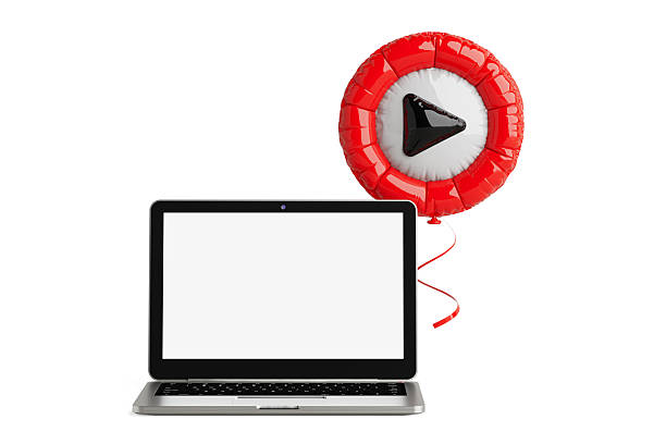Digital Media And Online Streaming Concept. Laptop With Blank Screen And Red Play Button Balloon Floating On White Background With Clean Composition. 3d Rendering