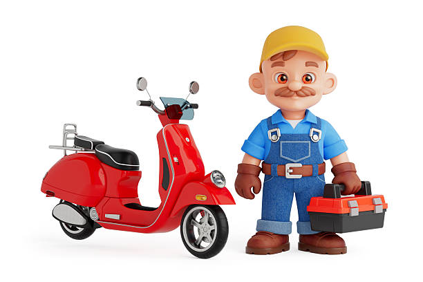 Miniature figurine of a man with a backpack riding a motorcycle on a log is enjoying a sunny day outdoors