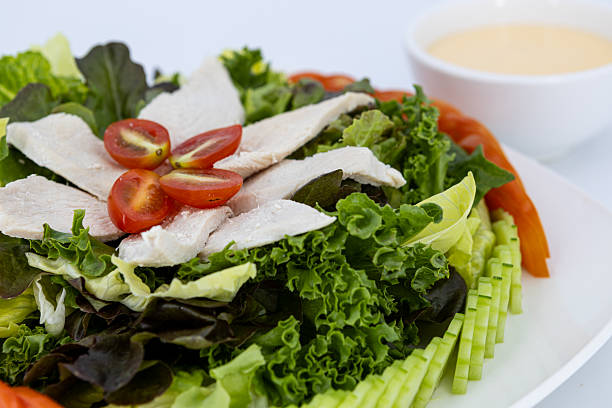 Studio shot of chicken breast salad with mixed leafy greens, sliced cucumber and tomatoes, topped with sliced chicken breast and cherry tomatoes, served with dressing in a small bowl on white background.