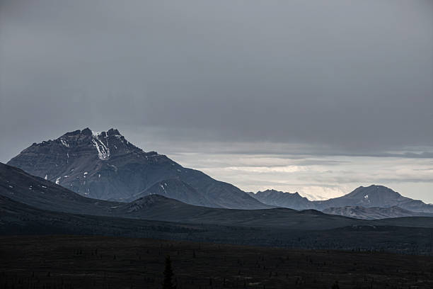 A black and white view of the Alaska Range mountains in Denali National Park.