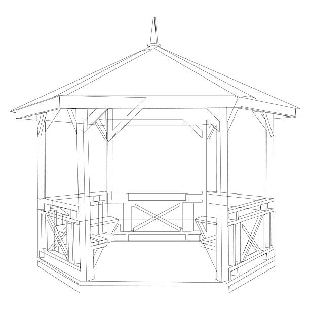 Minimal garden gazebo single line illustration. Wooden outdoor structure drawn in clean continuous line style. Simple black vector graphic isolated on white background.