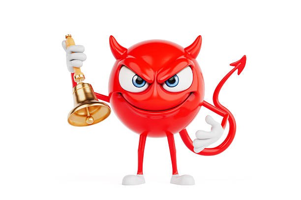 Alert And Attention Concept. Red Devil Cartoon Character Holding Gold Bell On Vibrant White Background. 3d Rendering