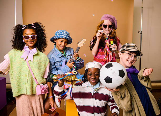 Diverse group of elementary age children celebrating youth, unity, and shared interests