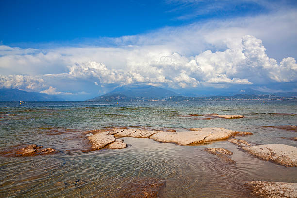 Panoramic  view from Jamaica beach in lake Garda, close to town Sirmione, Italy