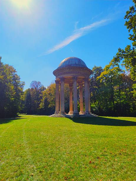 The historic Temple of Concord (Tempel der Eintracht) in Schlosspark Laxenburg, Austria. A neoclassical monopteros with Corinthian columns and a copper dome surrounded by green trees under a blue sky.