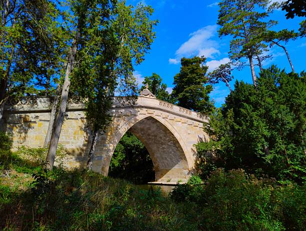 Scenic view of an old stone arch bridge built in neo-gothic style spanning a canal in Schlosspark Laxenburg. Historic architecture surrounded by lush green forest and blue sky on a sunny summer day.