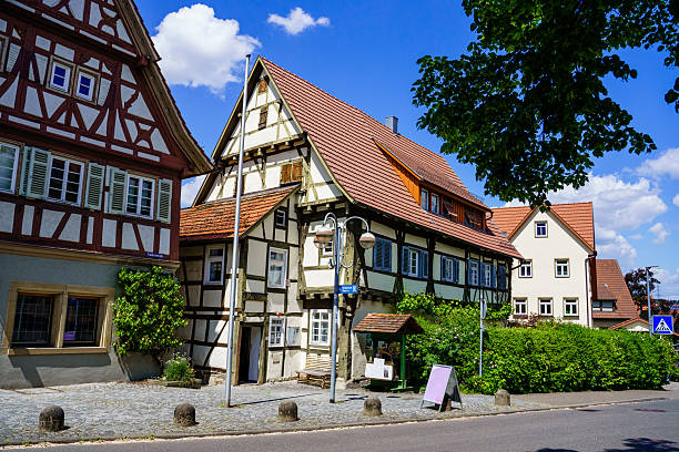Street architecture in the small historical city of Endersbach by Stuttgart, Baden-Wuerttemberg, Germany. Fachwerk houses, German culture and construction traditions
