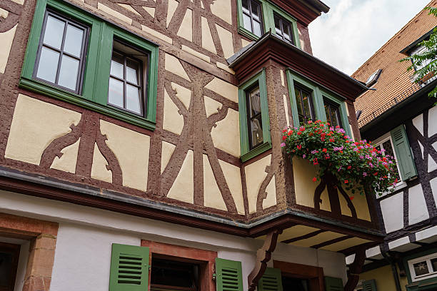 Street architecture in the historical center Aschaffenburg, Bavaria, Germany. Fachwerk houses, German culture and construction traditions