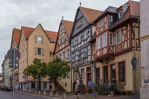 Street architecture in the historical city of Aschaffenburg, Bavaria, Germany. Fachwerk houses, German culture and construction traditions