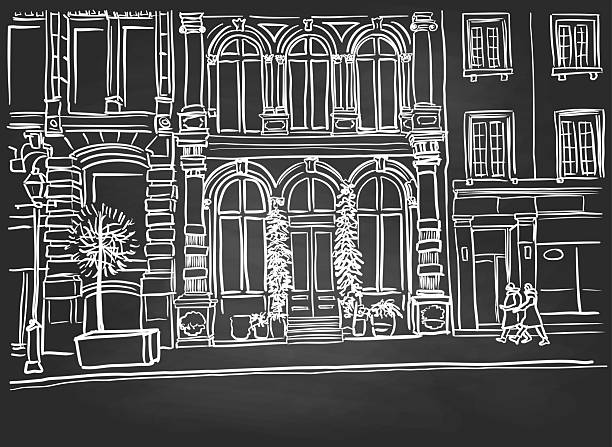 Hand-drawn line art illustration of historic city street architecture with arched windows and pedestrians walking, urban travel scene.