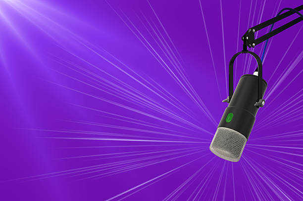 Close up of a podcast microphone on a stand with copy space