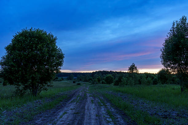 Countryside landscape with a dirt road, green trees, and fields under a colorful sunset sky. Peaceful rural scene at dusk with no people