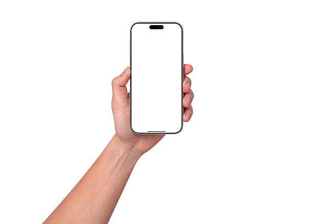 istock Hand holding smartphone mockup with blank white screen isolated on white background. Mobile phone with empty display for copy space. 2257960637