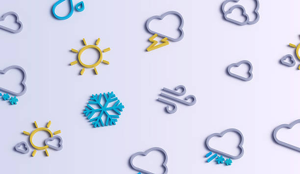 Clouds with lightning sun snow rain transparent weather 3D symbol background.