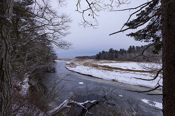 Snowy marshlands of the coast meet the Atlantic Ocean in Wells, Maine.