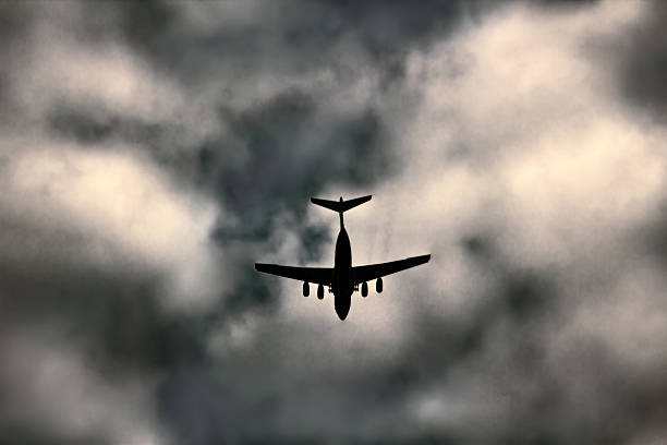 Jet plane on background of cloudy sky, flight and landing