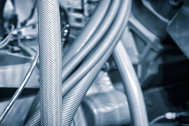 Close up of car engine with tubes and cables in blue tones