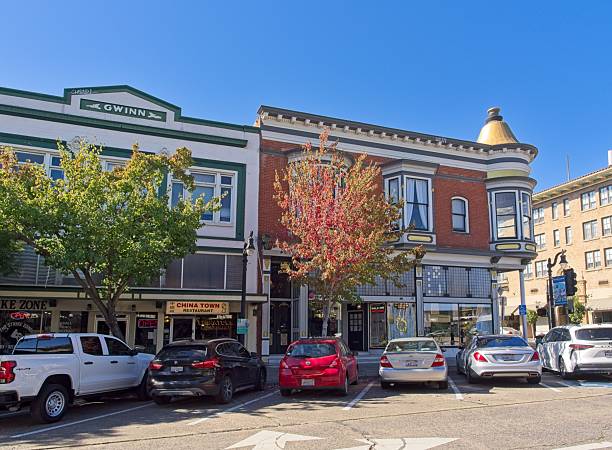 Petaluma, California - USA, October 2, 2025. Shops in historic downtown Petaluma California. Petaluma has a well preserved downtown and was known for its grain milling and chicken processing industries. Located along the Petaluma River in the North Bay district of San Francisco.