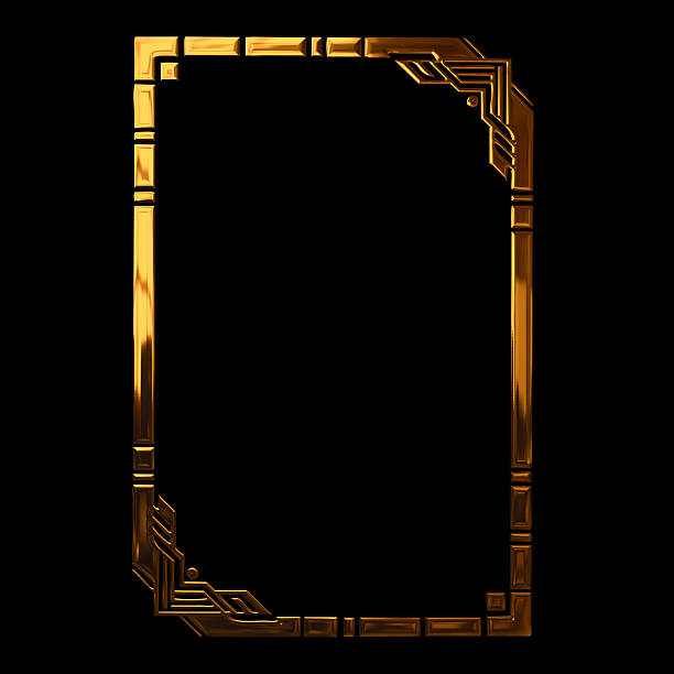 This image features a gold frame on a black background with a transparent background. The frame is made of a shiny, metallic material and has a geometric pattern. It is an elegant and sophisticated design element that can be used in various artistic and creative projects. The transparent background allows for easy integration into different visual compositions.