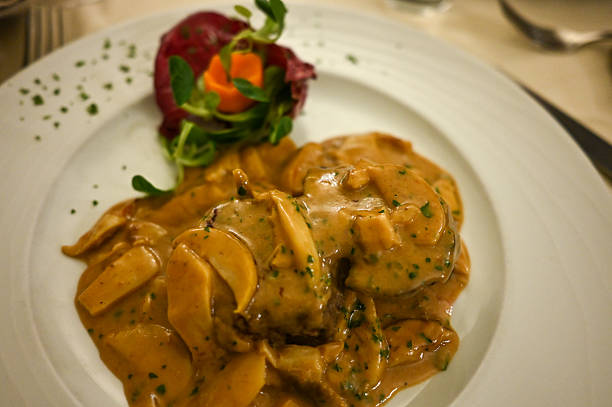 Veal scallopini with mushroom cream sauce and radicchio