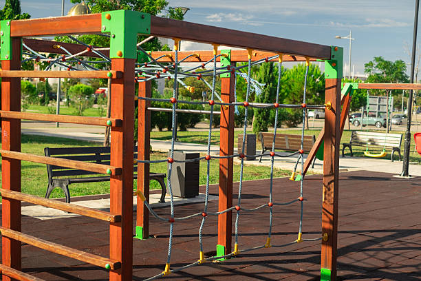 Bright kids playground with new surface modern design and technology ensuring safe and comfortable play environment