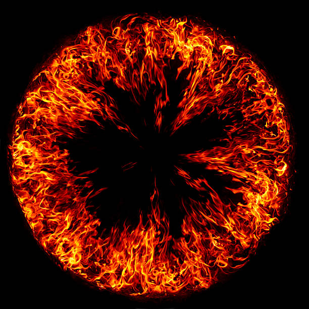 Ring of fire on black background. Burning fire circle with flames. Flame ring isolated on black. Fiery circle with glowing flames overlay. Burning ring of fire effect. Fire sphere. Pupil burning frame