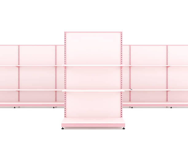 Empty supermarket shelves in front view with pink metal racks in clean minimal style. 3D illustration of retail shelving units suitable for product mockup, cosmetic and beauty advertising, merchandising, inventory concept, and store display design. Ideal for business, marketing, and e-commerce visuals with large copy space.