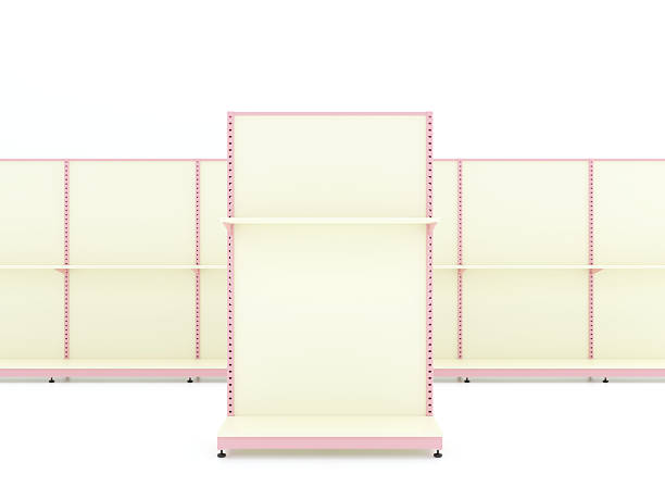 Empty supermarket shelves in front view with pastel pink metal racks in clean minimal style. 3D illustration of retail shelving units suitable for cosmetic and beauty product mockup, advertising background, merchandising, inventory concept, and store display design. Ideal for business, marketing, and e-commerce visuals with large copy space.