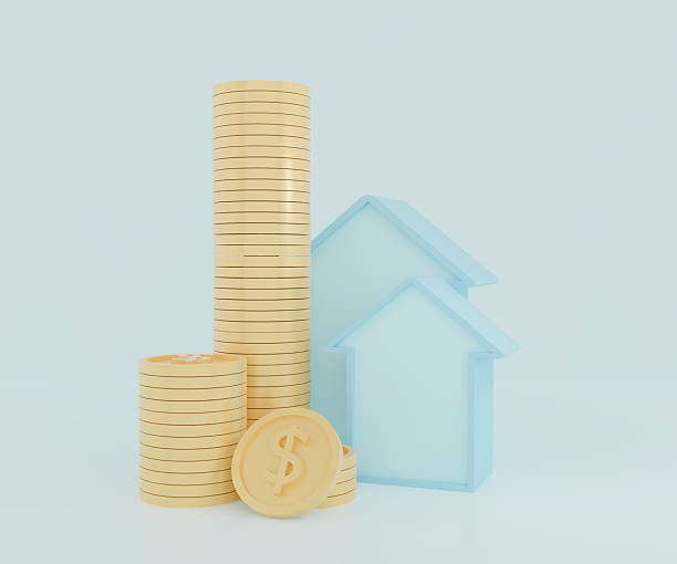 House investment concept with stacked gold coins and dollar symbol representing real estate finance, savings, and increasing property value. 3D illustration in clean minimal style suitable for business, mortgage, property investment, financial planning, and insurance advertising background. Ideal for banking, marketing, and economic concepts with copy space.