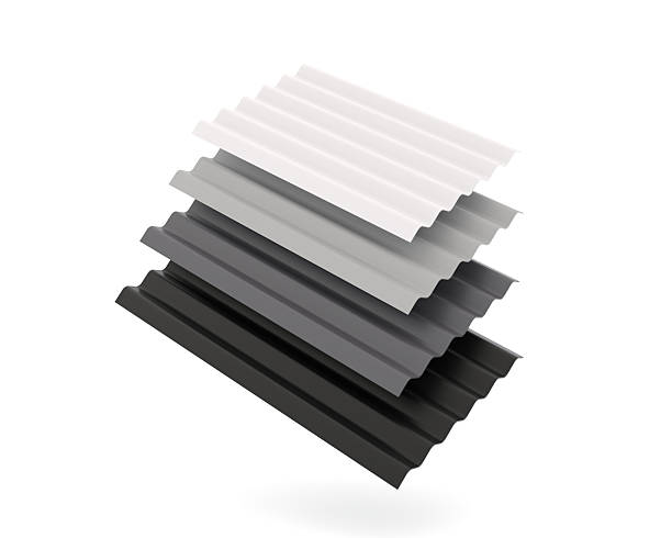 Stack of corrugated metal roof sheets in white, gray and black colors isolated on white background. 3D illustration representing construction and building materials for roofing, industrial architecture, and home improvement projects. Suitable for product catalog, advertising, engineering, and construction business concepts.