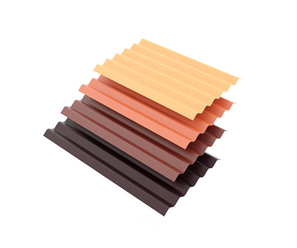 Stack of corrugated metal roof sheets in various colors isolated on white background. 3D illustration representing construction and building materials for roofing, industrial architecture, and home improvement. Suitable for advertising, product catalog, construction business, and engineering concepts.