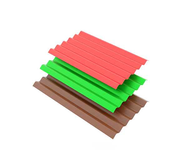 Stack of colorful corrugated metal roof sheets in red, green and brown colors isolated on white background. 3D illustration representing construction and building materials for roofing, industrial architecture, and home improvement projects. Suitable for product catalog, advertising, engineering, and construction business concepts.
