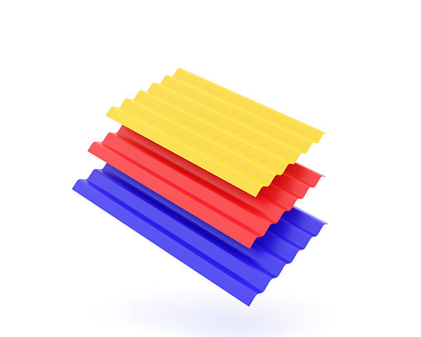 Stack of colorful corrugated metal roof sheets in yellow, red and blue colors isolated on white background. 3D illustration representing construction and building materials for roofing, industrial architecture, and home improvement projects. Suitable for product catalog, advertising, engineering, and construction business concepts.