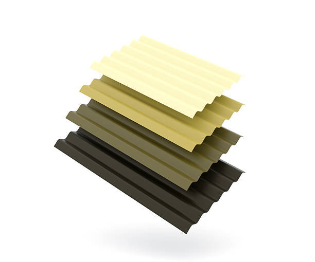 Stack of corrugated metal roof sheets in various yellow and dark colors isolated on white background. 3D illustration representing construction and building materials for roofing, industrial architecture, and home improvement projects. Suitable for product catalog, advertising, engineering, and construction business concepts.