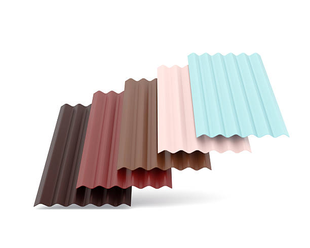Stack of colorful corrugated metal roof sheets isolated on white background. 3D illustration representing construction and building materials for roofing, industrial architecture, and home improvement projects. Suitable for product catalog, advertising, engineering, and construction business concepts.
